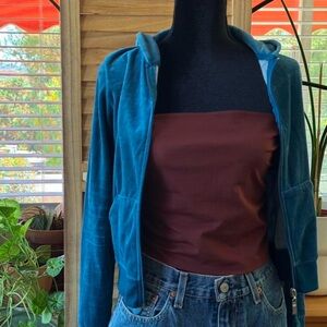 Blue velour zip hoodie vintage Y2K tracksuit style.